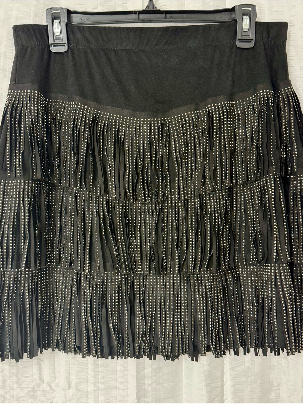 Vocal Black Fringe Mini Skirt with Sparkly Studs